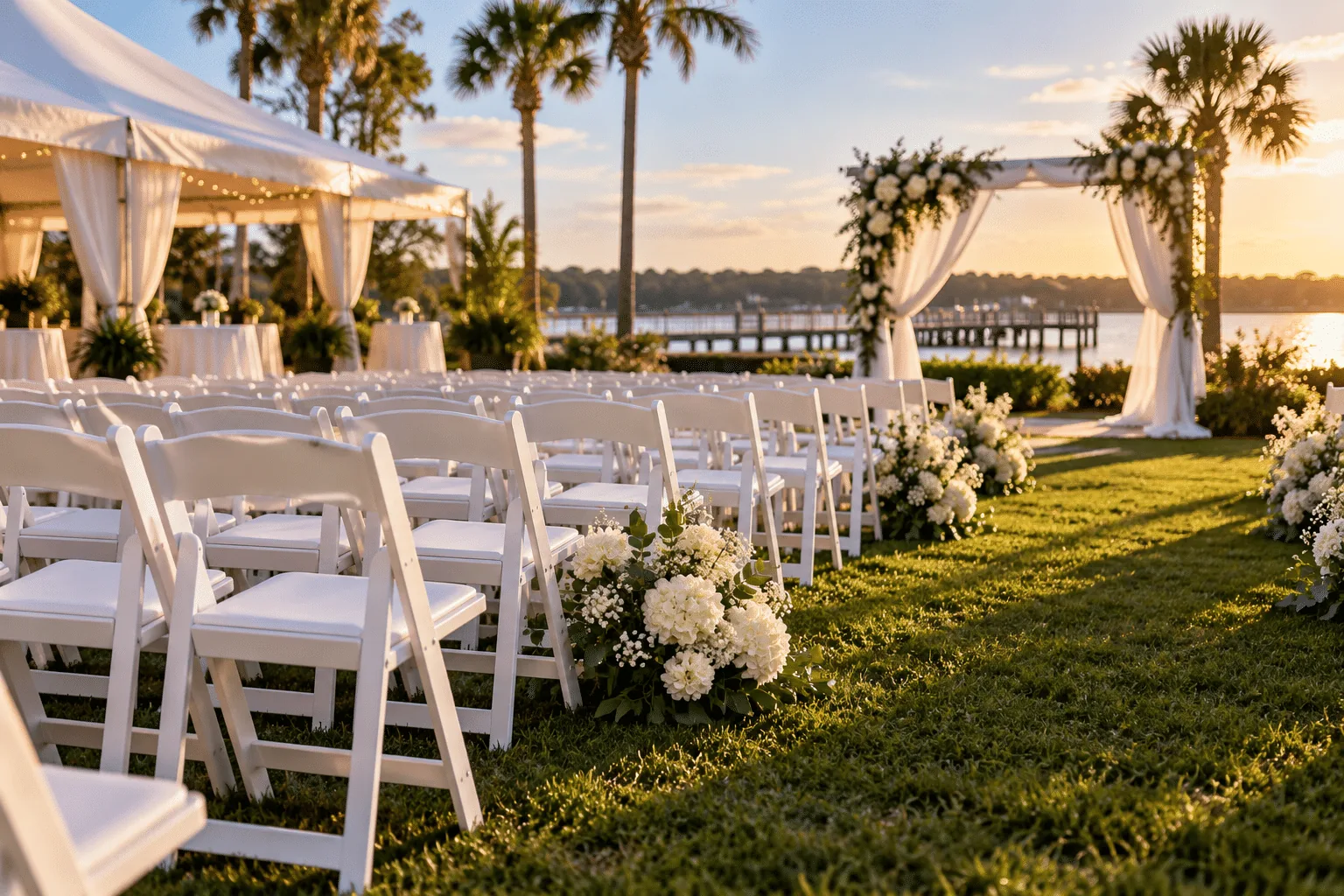 Illustrative ceremony rows with white folding chairs beside a reception area