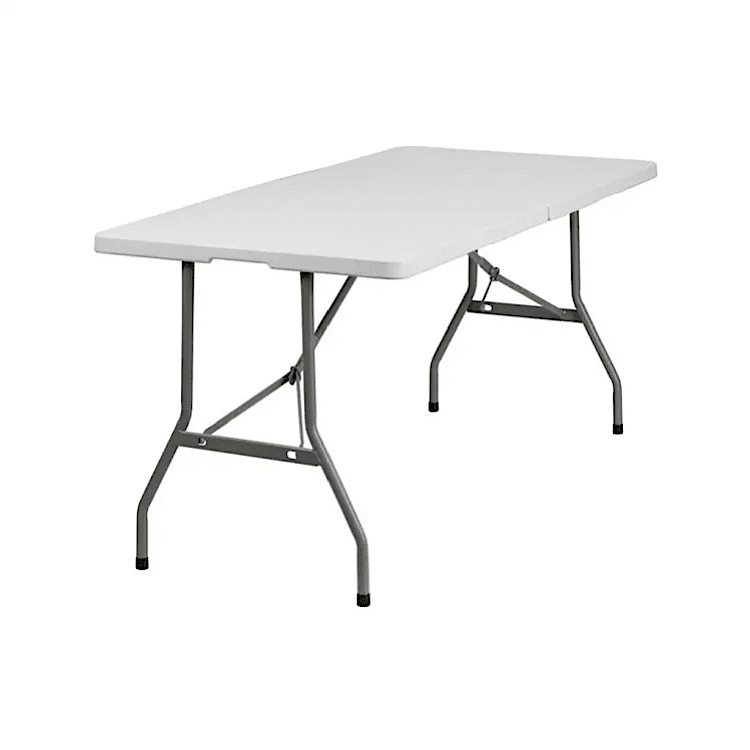 White eight-foot rectangular folding table in the CFER rental catalog
