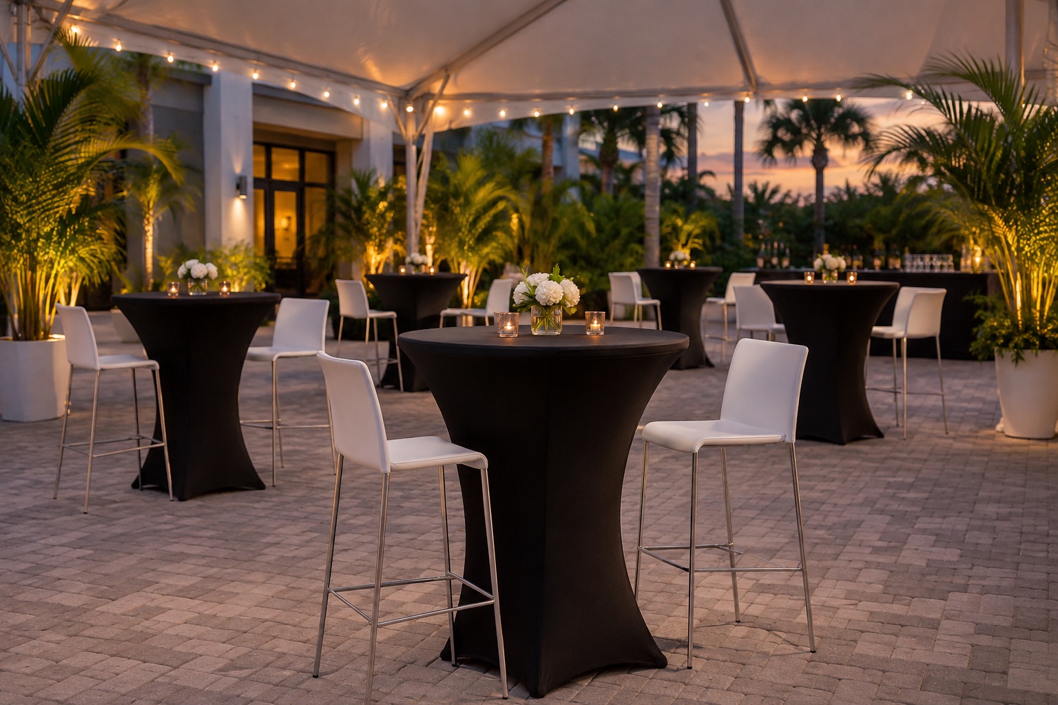 Modern corporate cocktail arrangement on paved courtyard, black stretch covered cocktail tables, white stools, white tent roof overhead, tropical planting, dusk