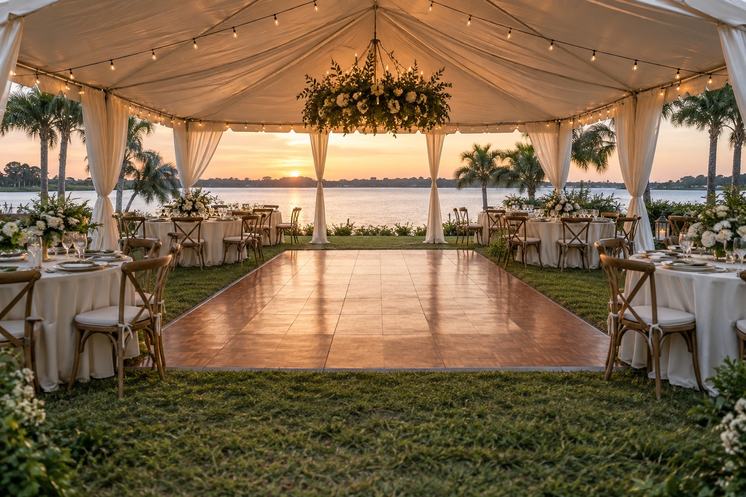 Outdoor waterfront wedding tent viewed from entrance, ivory round tables and wooden chairs on both sides of a central parquet dance floor, calm lake and palms, sunset