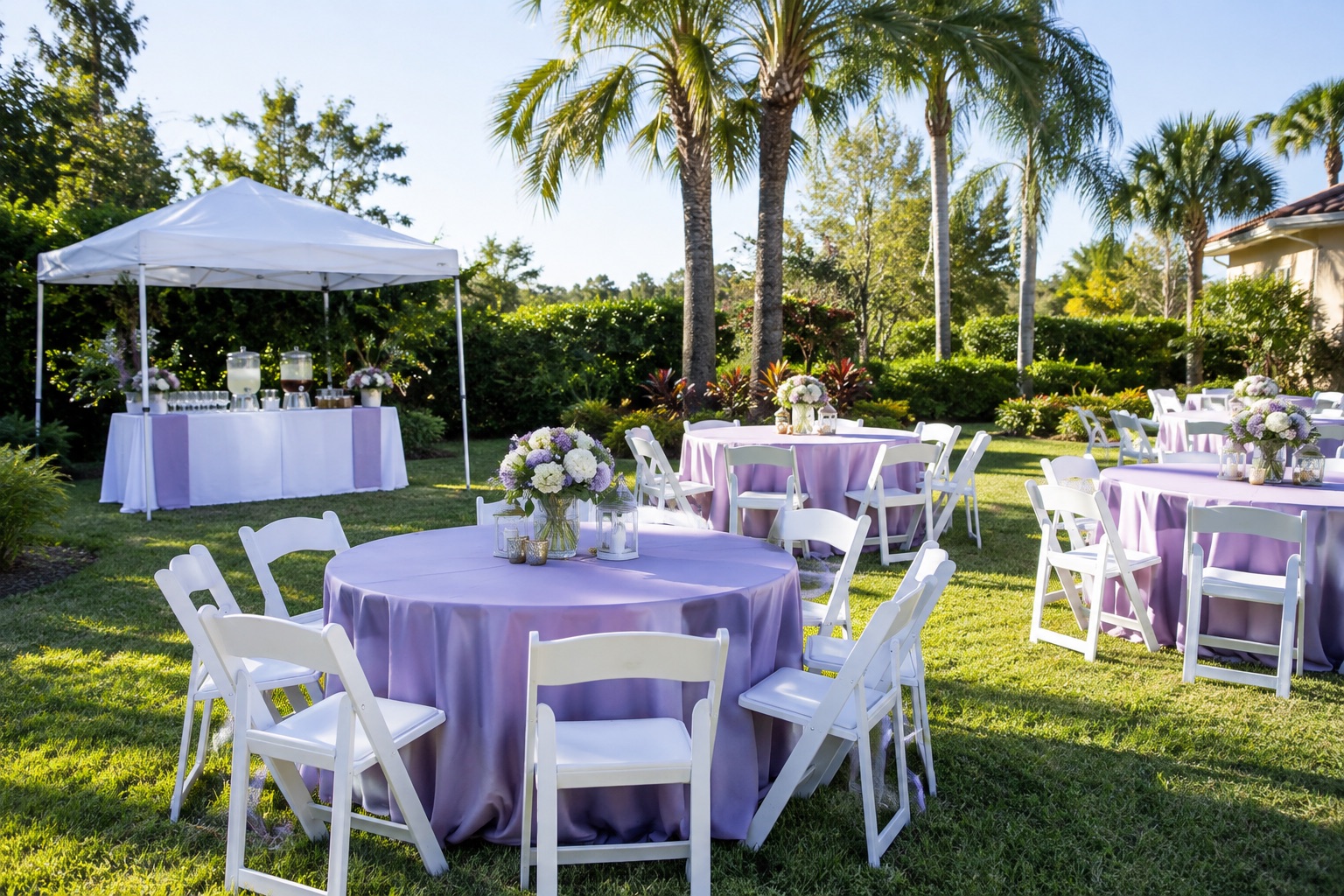 Backyard party arrangement with lilac linen guest tables and white chairs, separate beverage table with clear dispensers under a compact canopy, palms, afternoon