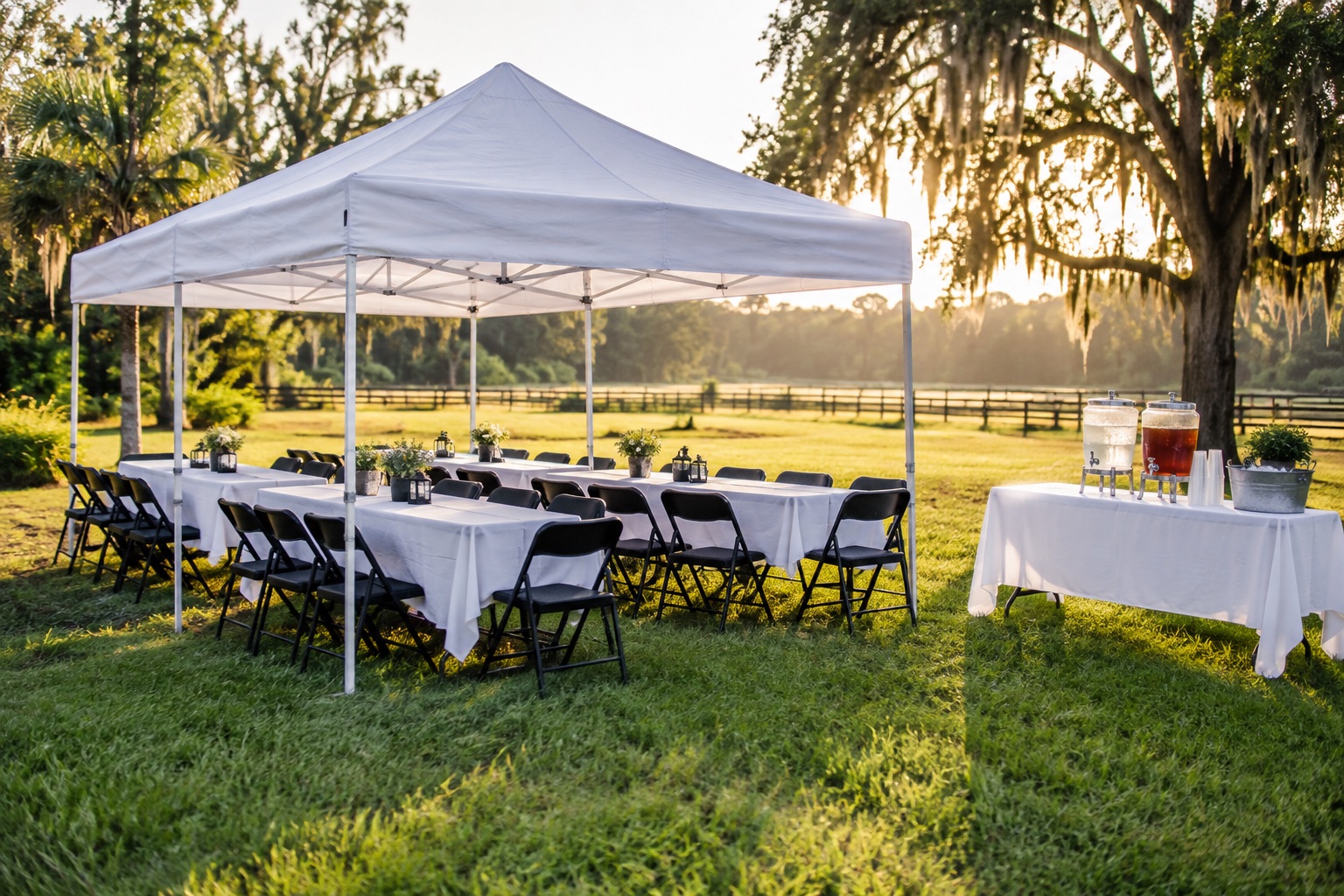 Simple family cookout rental setup with white rectangular tables and black folding chairs beneath a small white canopy, separate drink station, rural lawn, golden morning