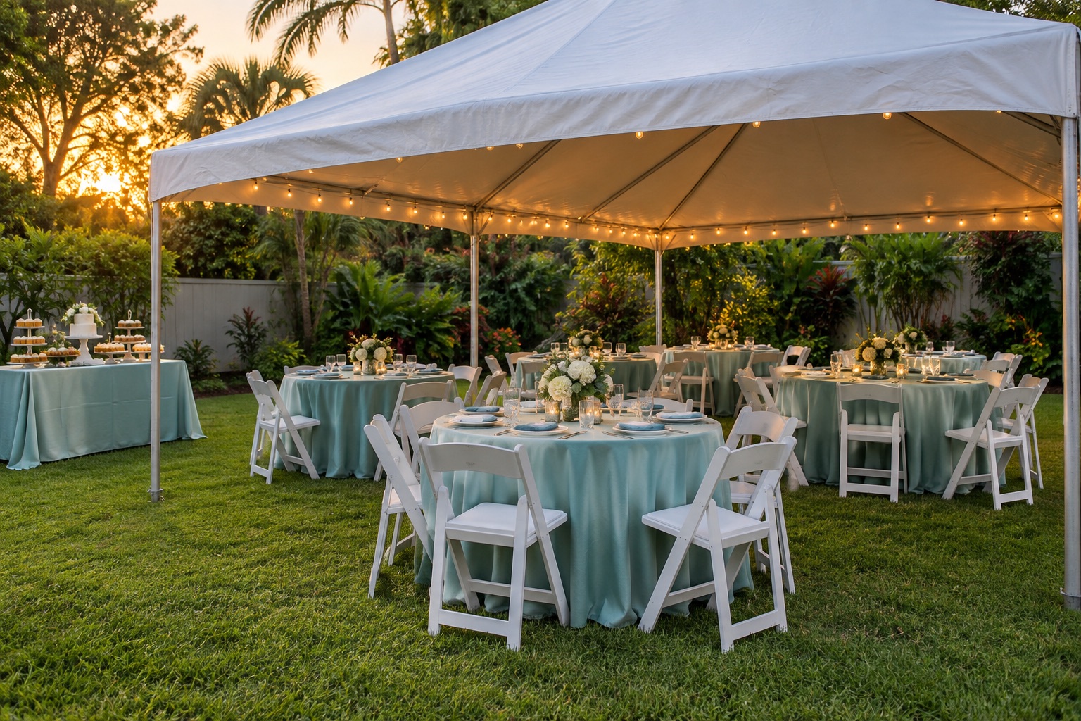 Home celebration beneath clean white frame tent, round tables with aqua linens and white folding chairs, separate dessert table, lush fenced garden, soft sunset