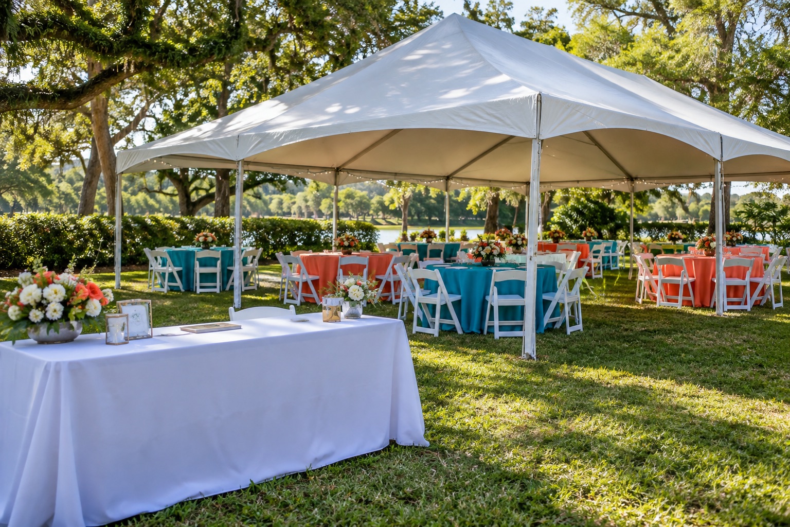 Community celebration setup with white check-in table in foreground and colorful teal and coral guest tables under tent, white chairs, oak shaded lawn