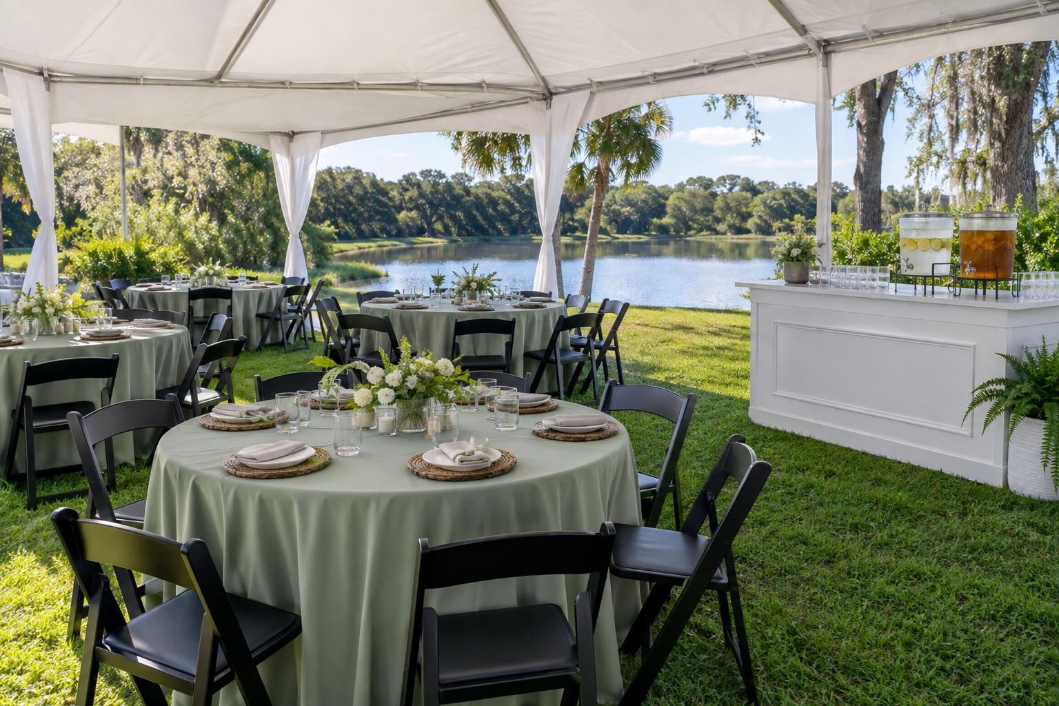 Relaxed lakeside lunch setting under white canopy, sage round tablecloths and black chairs, distinct white beverage counter with glass dispensers, sunny afternoon