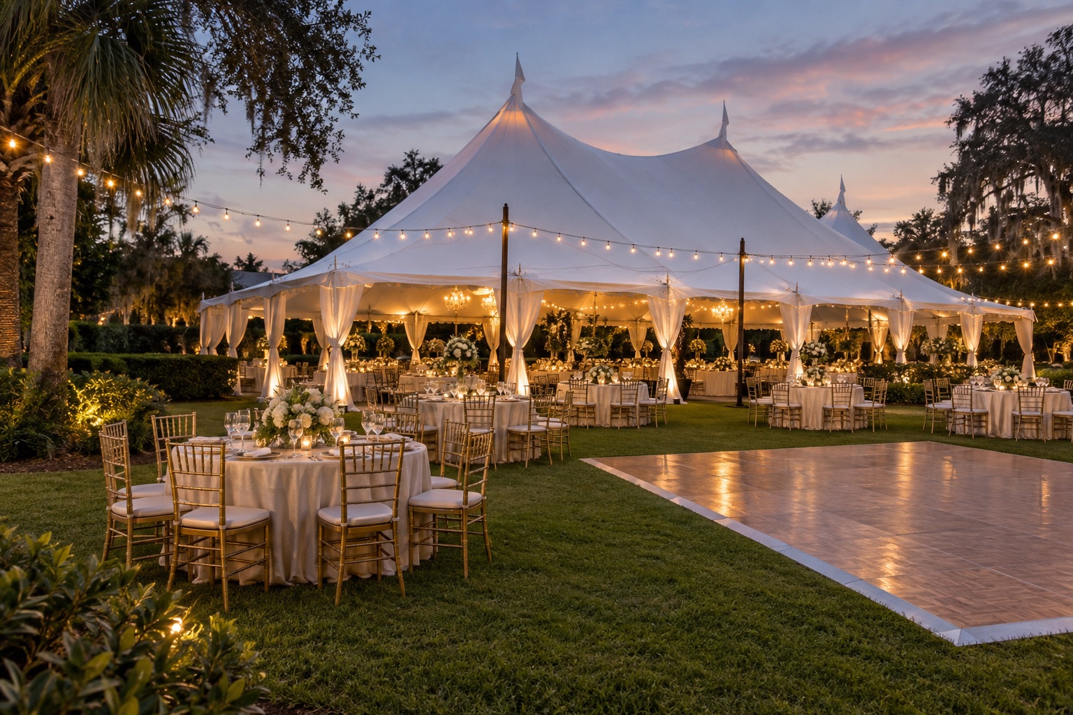 Elegant wedding dinner on a gently rolling lawn, ivory peaked tent, champagne round tables, gold chairs and a parquet dance floor, twilight string lighting