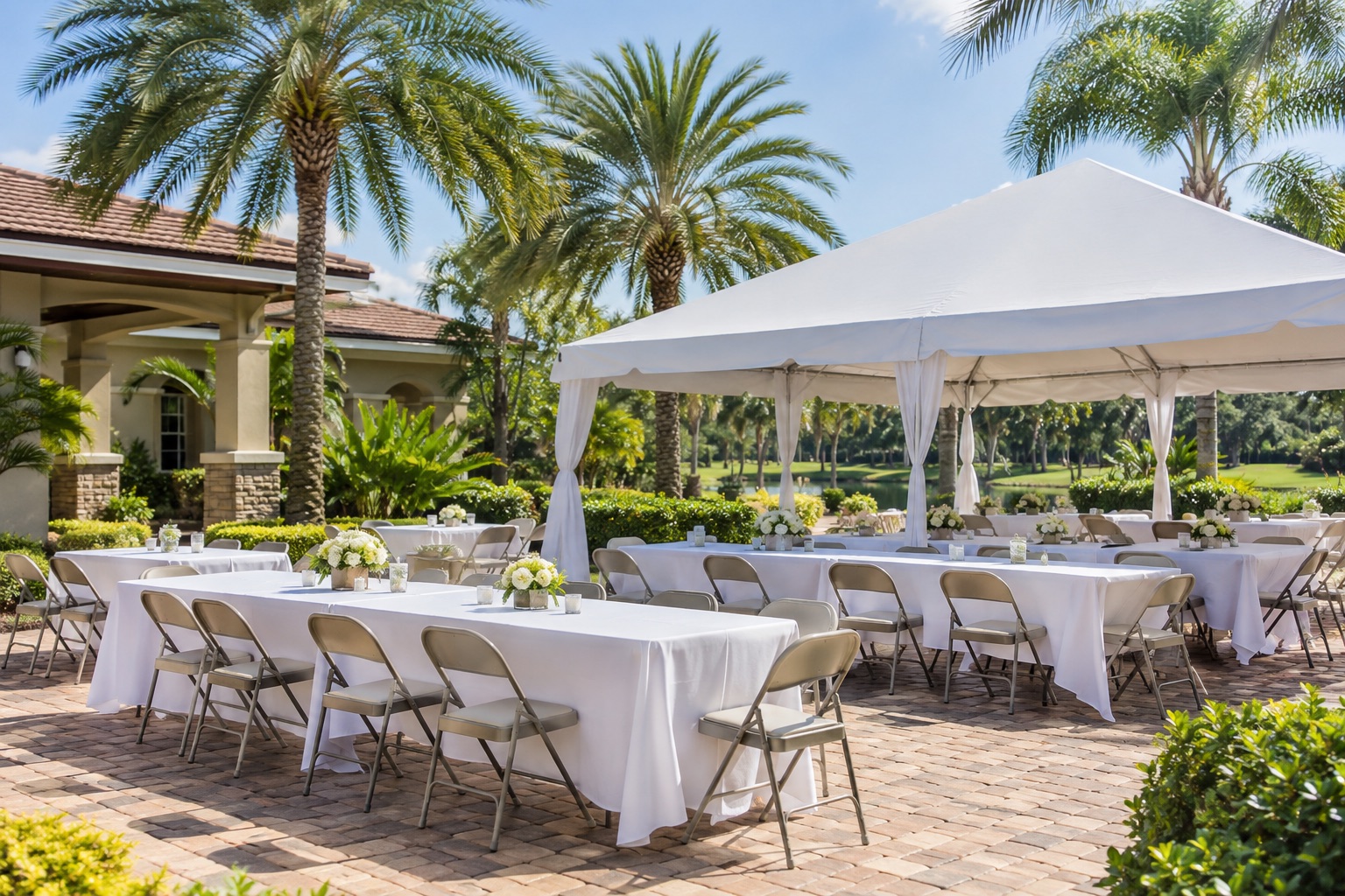 Neighborhood luncheon on a clubhouse-style garden terrace, white covered rectangular tables, tan folding chairs, white tent and palm backdrop, noon