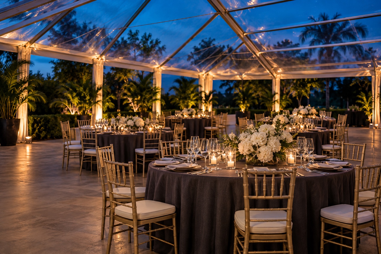 Refined corporate dinner in an open clear-roof frame tent, charcoal linen round tables and gold chairs, white floral arrangements, blue hour