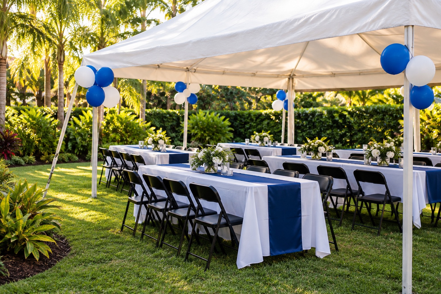 Graduation celebration setup in landscaped yard, white canopy and rectangular guest tables with blue runners, black folding chairs, plain blue and white balloons, golden daylight