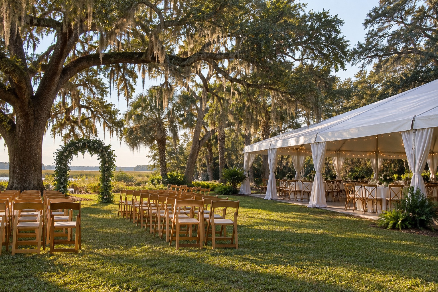 Small wedding ceremony chair rows beside a reception tent, natural wood folding chairs and an unadorned green floral arch, massive live oaks, late sun