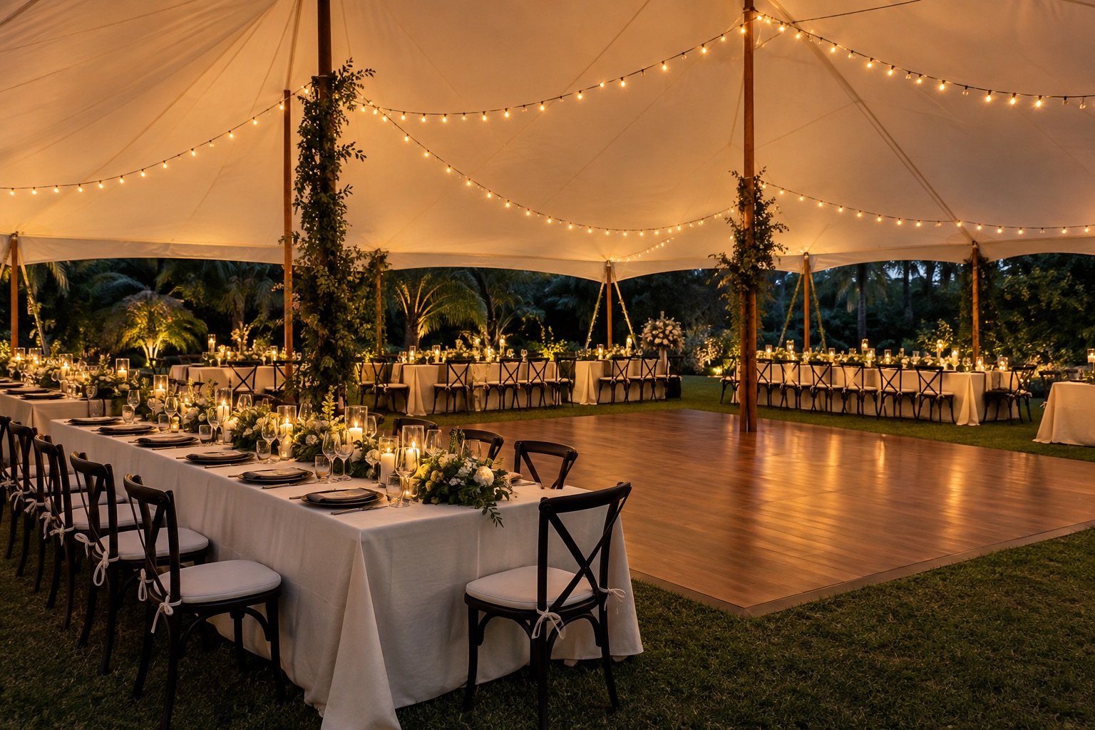 Outdoor evening wedding reception under a sailcloth tent, long tables with ivory linens and black chairs surrounding wooden dance floor, amber string lights
