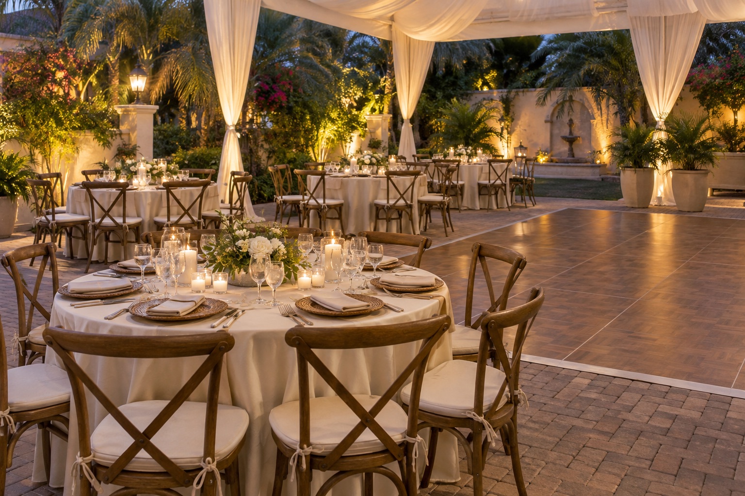 Intimate courtyard wedding reception with cream linen round tables and wooden crossback chairs, small oak dance floor, white draped canopy, potted palms and warm evening lamps