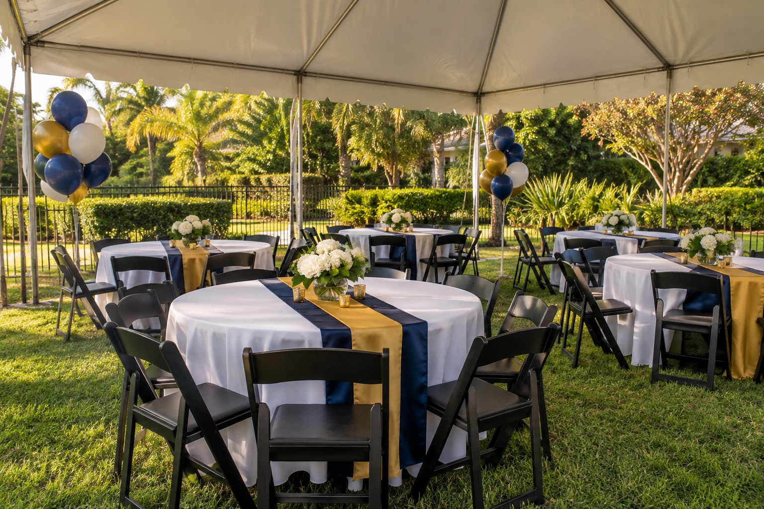 Graduation lunch under open white tent, navy and gold table runners without lettering, black folding chairs, two balloon clusters, suburban garden, late afternoon