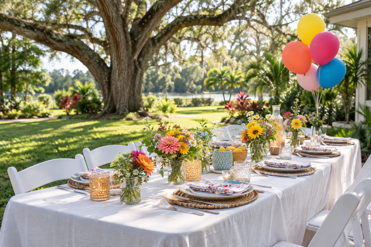 Colorful birthday table with flowers and balloons in a garden