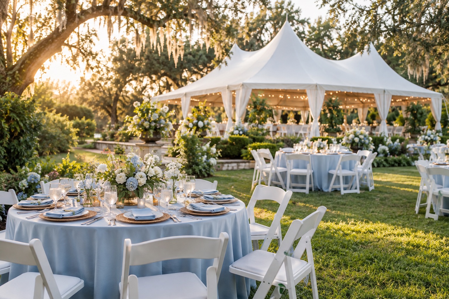 White wedding tent and reception tables beneath oak trees