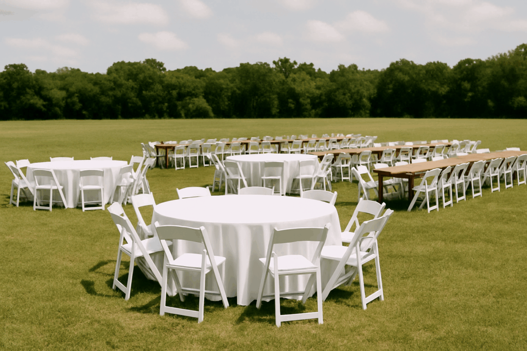 Outdoor event setup with round and banquet table rentals and white folding chairs on green grass in Central Florida